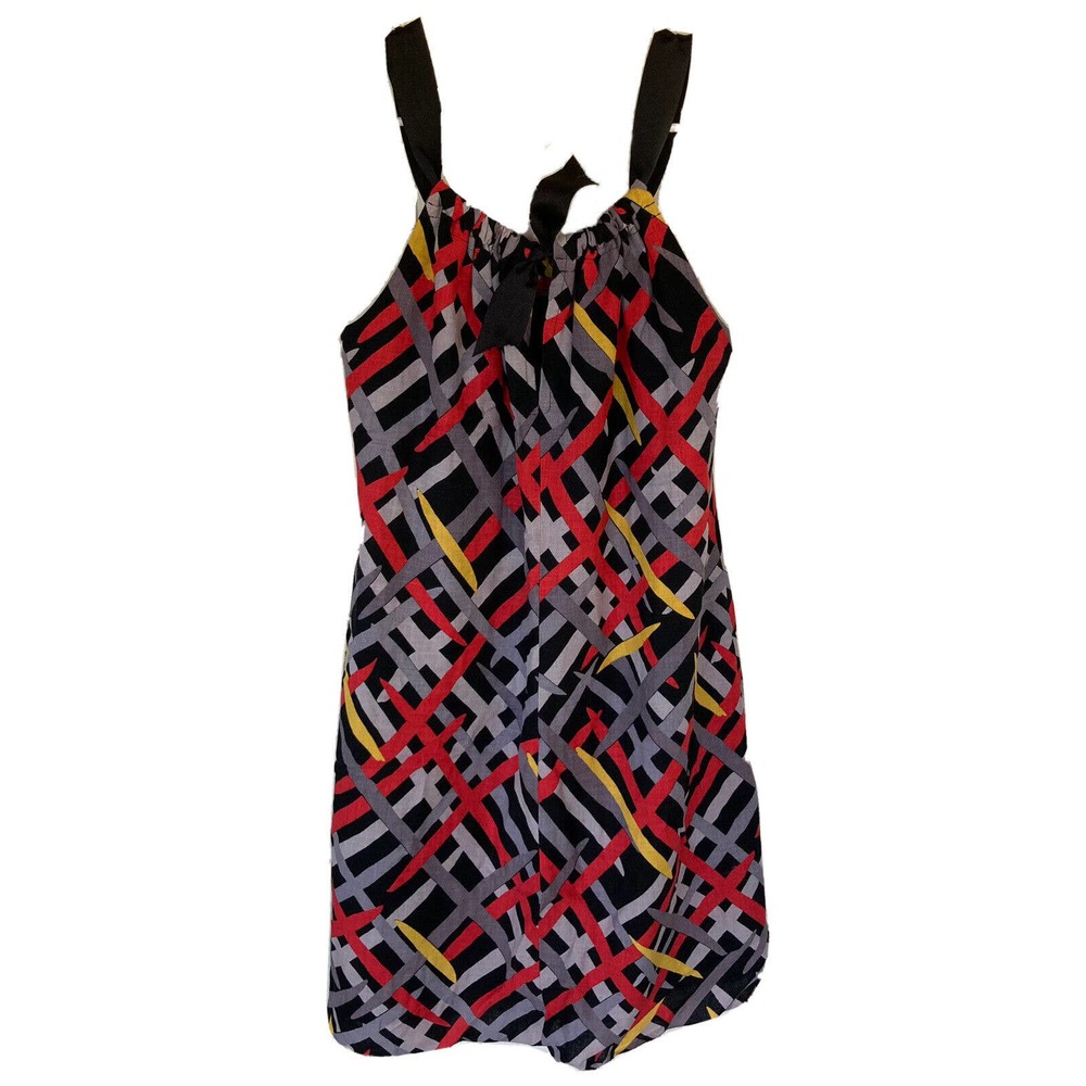 Handmade Homemade Dress Bow Tie Neck Colorful Geometric Summer Sundress See Meas